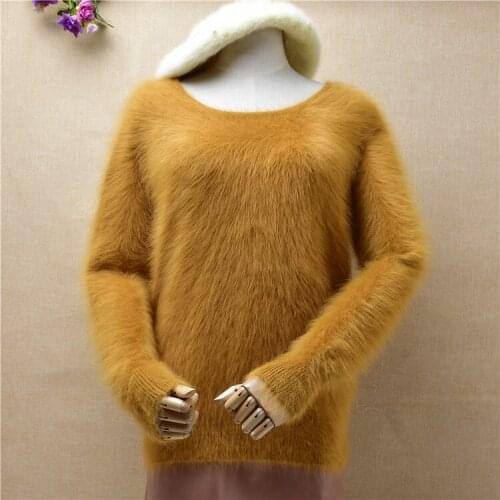 Ladies women fashion hairy fluffy mink cashmere o-neck long sleeves loose pullover angora rabbit fur winter jumper sweater pull