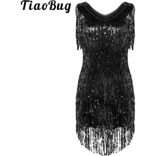 TiaoBug Women Ladies Sparkling Sequins Tassels Fringe Ballroom Samba Tango Sexy Latin Dance Dress Club Party Rave Stage Costumes