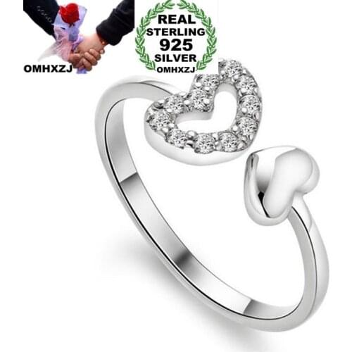 OMHXZJ Wholesale European Fashion Woman Girl Party Wedding Gift Silver Heart AAA Zircon 925 Sterling Silver Ring RR274