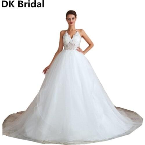 Elegant White/Ivory Lace Halter Wedding Dress 2019 Vestido De Noiva Sequin Sleeveless Backless Long Train Bridal Dress