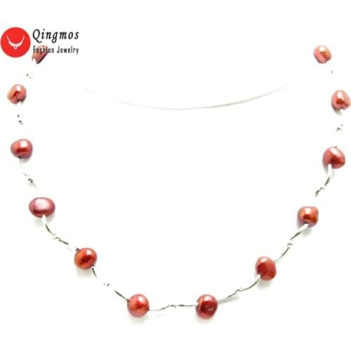 Qingmos Floating Natural Pearl Necklace for Women with 8-9mm Red Baroque Pearl Chokers Necklace & Silver Plated Elbow Jewelry