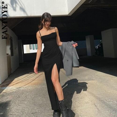 Fantoye Black Spaghetti Strap Maxi Dress Women Sexy Ruched Bandage Slim Christmas Dress Elegant High Split Vestido New Year 2021