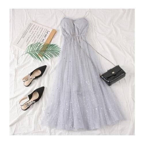 New Arrivals Women Sequined Mesh Dress Appliques Long Elegant Dress Female Lace Voile Long Dress Female Slip Dress