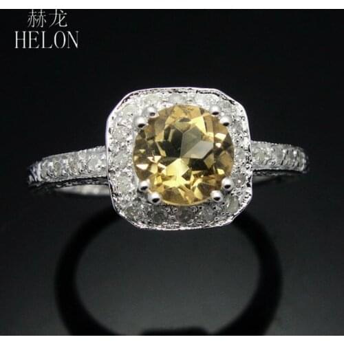 HELON 925 Sterling Silver Round Natural Citrine & Diamonds Women Vintage Filigree Antique Fine Jewelry Engagement Wedding Ring