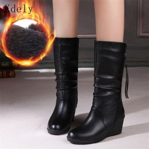 Winter Boots Warm Women Boots Wedge Mid Calf Boots Women Shoes Fashion Mother Shoes Leather Boots Round Toe Ladies Shoes keep