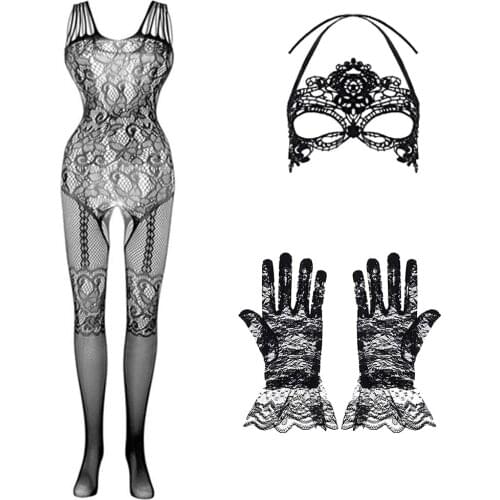 3 IN 1 Set Exotic Bodysuits +Mesh Jacquard Gloves+Lace Mask Ball Masquerade Women Underwear Fishnet Bodystockings Teddies Mujer
