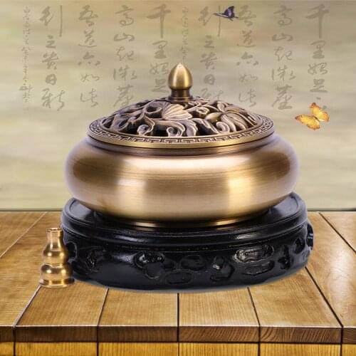 Antique Copper Incense Burner Flat Bottom Coil Incense Aromatherapy Stove Sandalwood Burner With Wood Base Home Furnishings