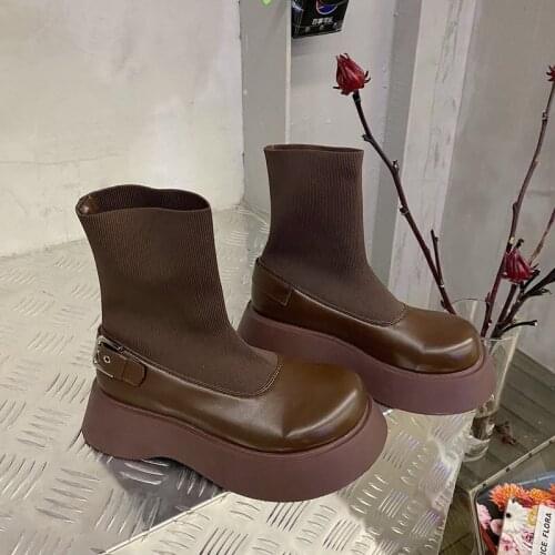 Brand On Sale Ladies Boots Solid Slip On Platform Ankle Boots Women Thick Bottom Cool High Quality Shoes Woman