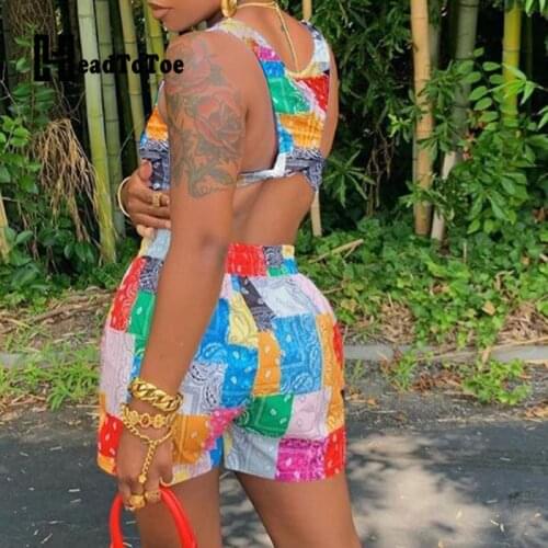 Colorblock Plaid Patchwork Print Casual Beach Style Two Piece Set Women Sleeveless Round Neck Drawstring 2 Piece Set Women