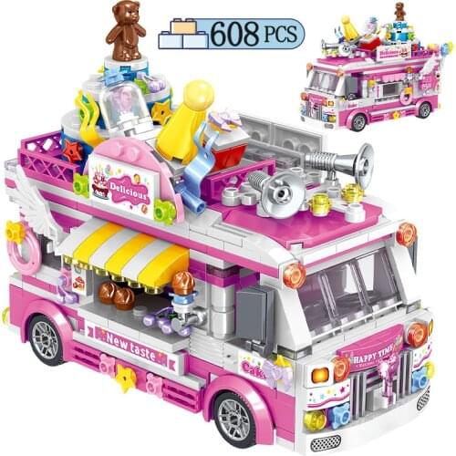 City Street View Food Shop Ice Cream Car Building Blocks Creator Mini Hamburg Dessert Vehicle Figurine Bricks Toys For Children