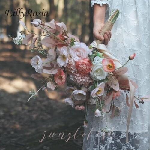 EillyRosia Champagne Pink Romantic Bridal Bouquet Wedding Flowers Artificial Rustic Bridesmaid Bouquet Holding Flowers Ribbon