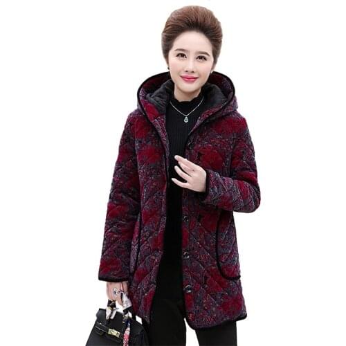 2018 Flocking Thicken coat middle aged female Cotton jacket winter warm parkas printing Plus size Flannel Hooded tops Women N287