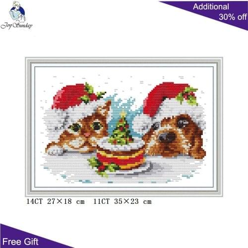 Joy Sunday Christmas Present For Cat And Dog DA446 14CT 11CT Counted and Stamped Christmas Cake Home Decor Cross Stitch kits