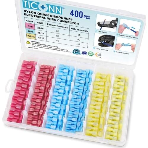 400Pcs Nylon Spade Quick Disconnect Connectors Kit Electrical Insulated Terminals Male and Female Spade Wire Crimp Terminal