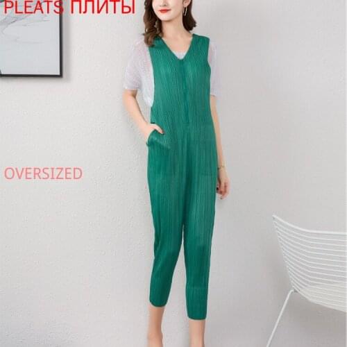 Miyake Fold Casual Jumpsuit Summer New Womens Loose Large Size Solid Color Zipper Camisole PLEATS Bodysuit