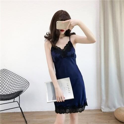 Fashion home service Sexy nightdress female summer with chest pad suspenders ice silk Sleepwear charming slim lace nightdress