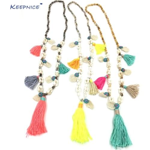 Fashion Handmade Creative tassel Pendents Necklace Unique Boho Bohemia Long Necklaces Sea Beach Shell Beaded Chain Necklace