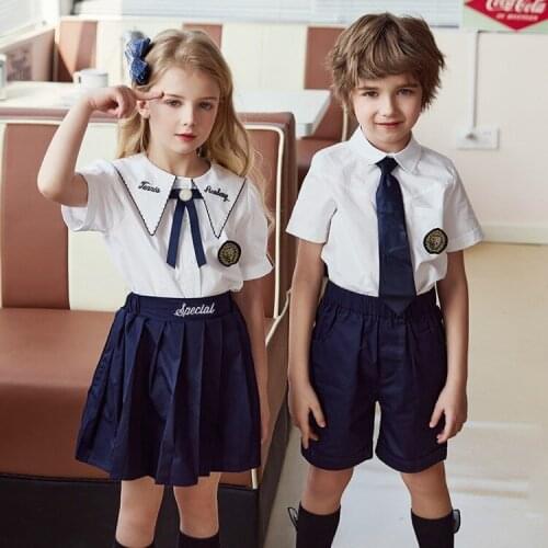 Fashion New Kids Summer Clothing Sets Boy Girl Childrens College Style Set Lapel White Shirt Pleated Skirt Shorts Baby 2pcs Set