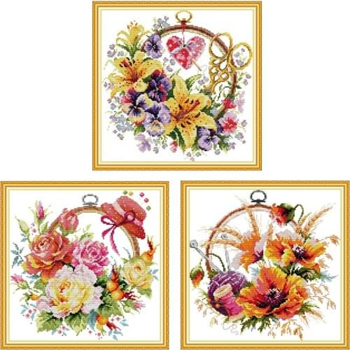Cross Stitch for Whole Embroidery Needlework Kit Lily,red Poppy And Rose Flower Crossing Printed Canvas for Wedding Wall Decor