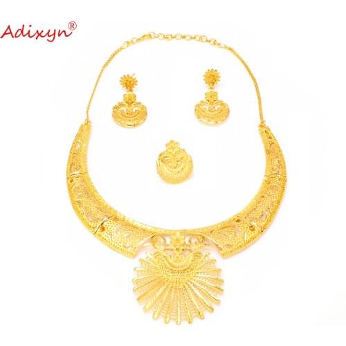 Adixyn Sun Flower Shape Necklace Earrings Ring Set for Women 24K Gold Color African Wedding Dubai Arab Gifts N1021M9