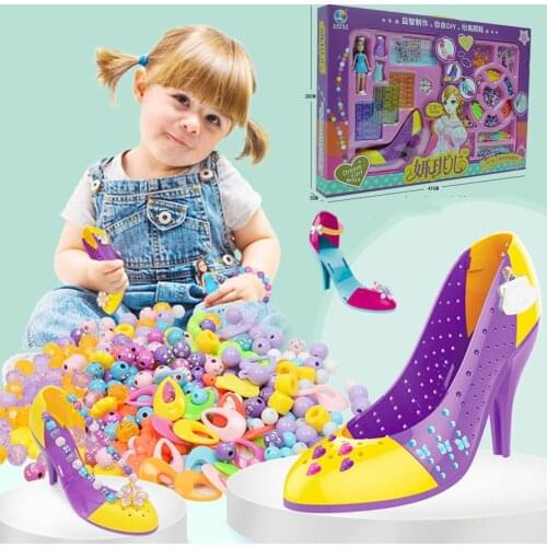 Girls Handmade Assembling Shoes DIY Beads Toys Simulation High Heels Beading Bracelet Pretend Play Puzzle Game Princess Toy Gift