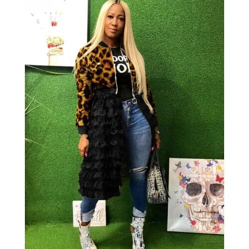 Echoine Autumn Zipper Jacket Sheer Mesh Ruffle Dress Women Streetwear Elegant Party Club Outfits