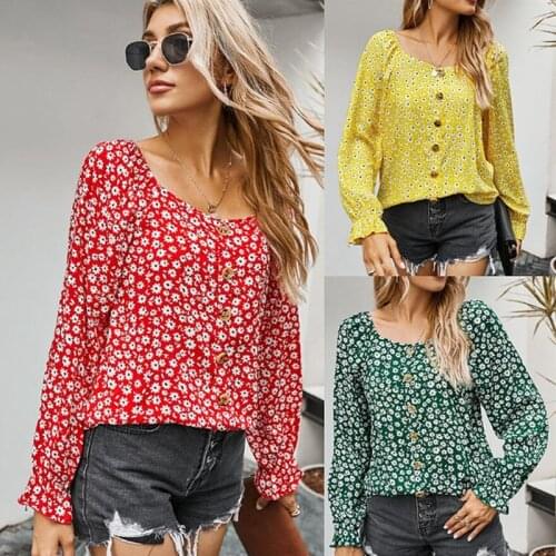 Autumn Square Collar Floral Loose Shirt Women Blouse Button Full Sleeves Shirts Vintage Tops