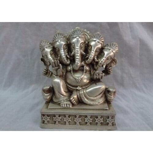 Song voge gem S2783 Chinese Silver Buddhism 5 Head 4 Hand Ganapati Ganesh Lord Ganesha Buddha Statue