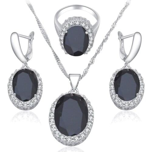 ROLILASON New come Zirconia silver plated stamp Earring Necklace rings Fashion Jewelry Set Black AAA cz Health JS584