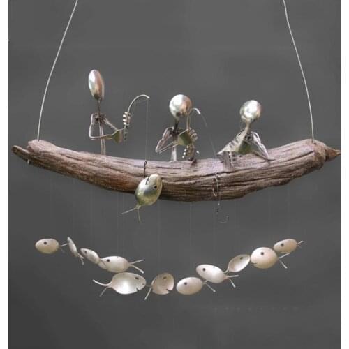 Fishing Man Wind Chime Spoon Fish Sculptures Windchime Indoor Outdoor Home Garden Decoration Hanging Ornament Gifts