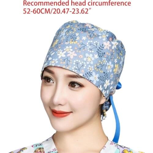 Women Men Floral Print Working Bouffant Cap with Buttons Sweatband Adjustabe Ribbon Tie Ponytail Turban Scrub Hat Beanie 066F