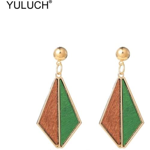 YULUCH Fashion Jewelry Ethnic African Indian Golden Zinc Alloy Metal Setting Triangle Green Brown Wooden Stud Earrings For Women