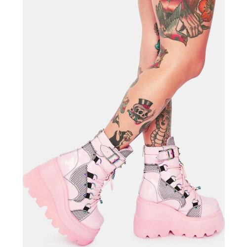 GIGIFOX Brand INS Hot Fashion Gothic Big Size 43 High Heels Black Zip Ankle Platform Boots Street Cool Woman Wedges Pink Shoes