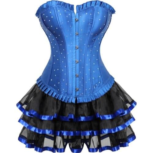 Women Sexy Lace Corset Dress Vintage Rhinestones Satin Corset Bustier Lingerie Top With Striped Mini Tutu Skirt Set Plus Size