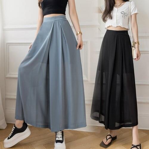 2020 Summer Korean Large Size Chiffon Pants Women Elegant Trousers High Waist Wide Leg Pants Casual Culottes Pants For Women