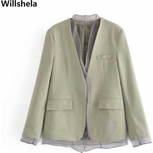 2021 Women Fashion Blazer with Organza Trim Long Sleeves Casual Office Lady Patchwork Coat Woman Outwear femme veste