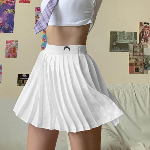 2021 Women Pleated Skirt Mini High Waist Evening Party Sexy Ladies Clubwear Moon Embroidery Print Solid Summer Clothing