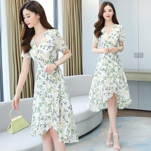 2021 Summer New Floral Chiffon Boho Beach Sundress Print Vintage Oversize Sweet Midi Dress Elegant Women Bodycon Party Vestidos