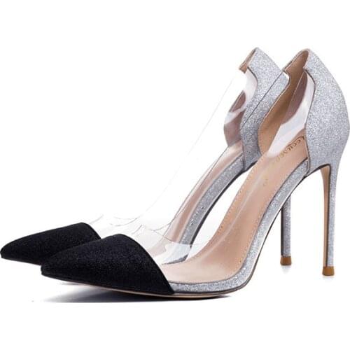 Free shipping fashion Casual Designer silver black glitter strass point toe high heels pumps shoes 10cm 8cm bride wedding heels