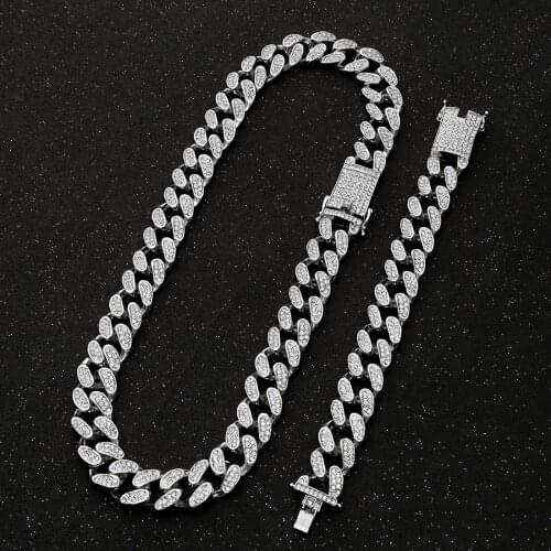 20mm Miami Cuban Link Chain Gold Silver Color Necklace Bracelet Iced Out Crystal Rhinestone Bling Hip Hop Men Jewelry Necklaces