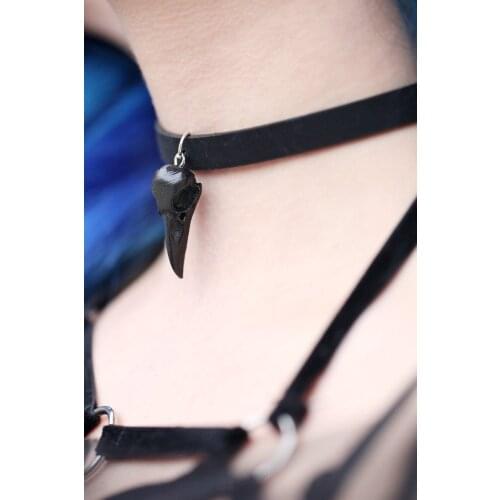 Mini Raven Skull Black Leather Necklace Resin Crow Steampunk Gothic Witch Halloween Men Women Bird