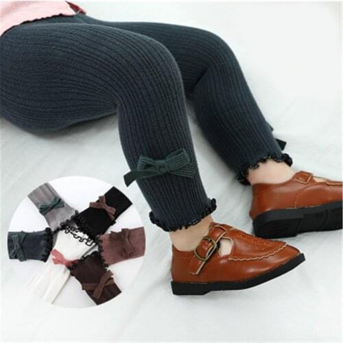 Kids Cotton Warm Ribbed Leggings Child Girl Solid Shaping Cute Princess Bow Lace Pants Toddler Newborn Infant Baby Cute Trouser