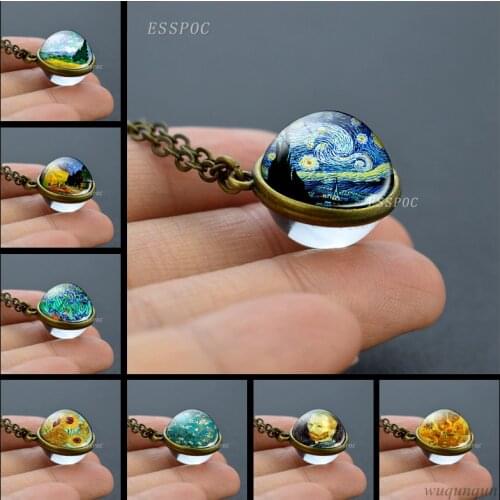 Van Gogh Art Oil Painting Glass Ball Necklace Starry Night Sunflower Jewelry Double Side Glass Cabochon Pendant Women Gifts