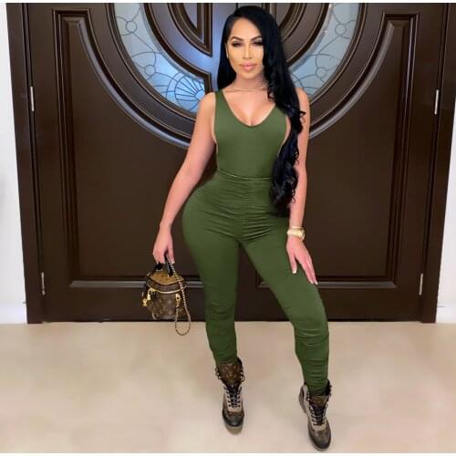 Echoine Sleeveless Jumpsuit Pleated Stacked Rompers Sexy Backless Skinny Playsuit Solid Women Sporty Overalls Casual Club Outfit