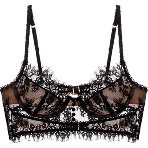 Fashion Black Eyelash Lace Bras For Women Ultra Thin Underwire Push Up Brassiere Embroidery Underwear Top Backless Sexy Lingerie