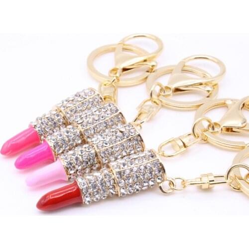Fashion Rhinestone Keychain Lipstick Key Ring Bag Purse Car Ornament Decoration