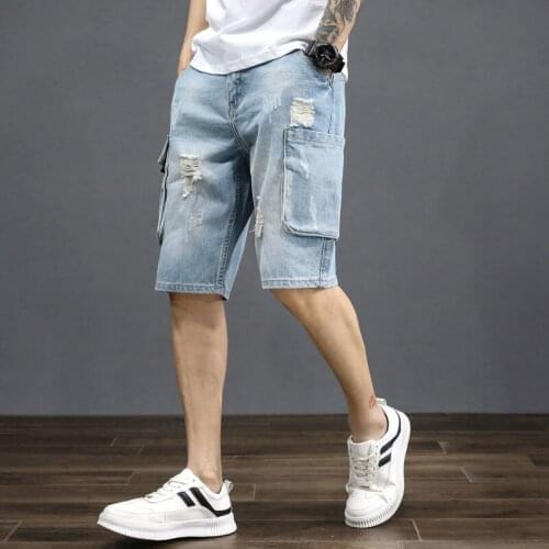 Multi-pocket Washed Denim Middle Pants Men High Street Overalls Jeans Light Blue Casual Loose Straight Wide-leg Shorts Plus Size