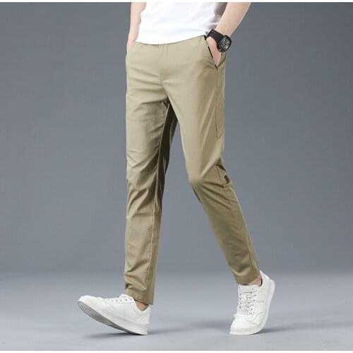 4 Colors Mens Casual Pants Spring Summer Thin Fashion Solid Color Slim Tapered Elastic Waist Daily Smart Trousers Male Brand
