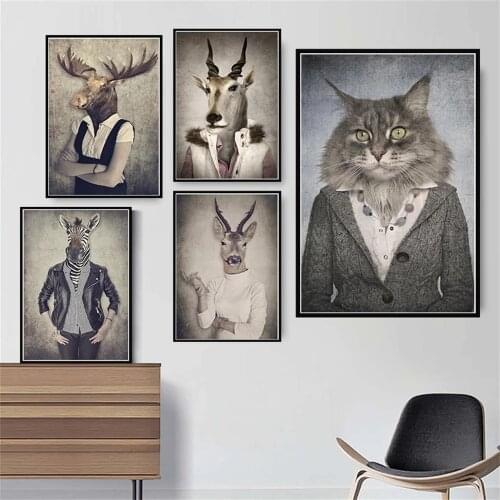 Retro Animal Wearing Clothes Art Wall Pictures Funny Canvas Wall Art Paintings for Kids Bedroom Kindergarten Home Decor Cuadros