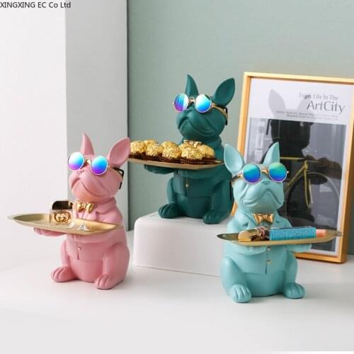 Nordic Creative Cute Bulldog Ornament Cosmetic Storage Box Tray Living Room Home Decoration Animal Statue Ornament Modern